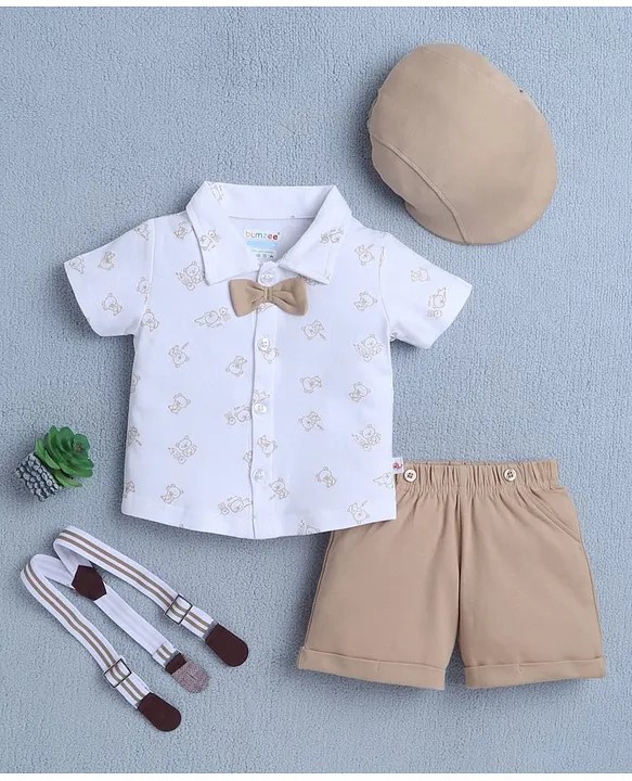 BUMZEE Cotton Half Sleeves Teddy Bear Printed Shirt & Shorts With Attached Bow Suspender & Cap Set - White & Beige